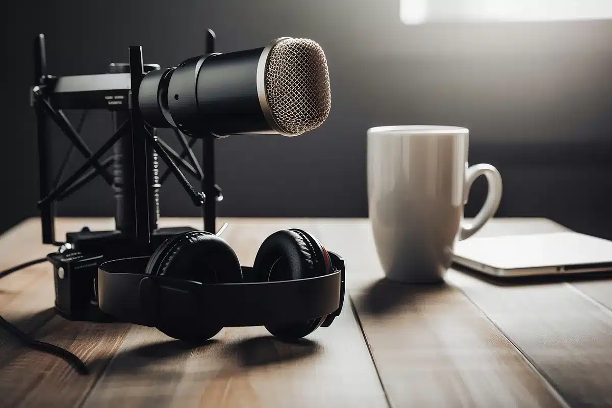 Artist in studio preparing a diss track with microphone and headphones