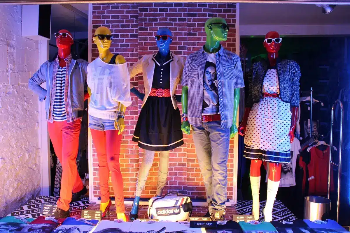 Thrift-store clothing and neon lights suggesting club fashion