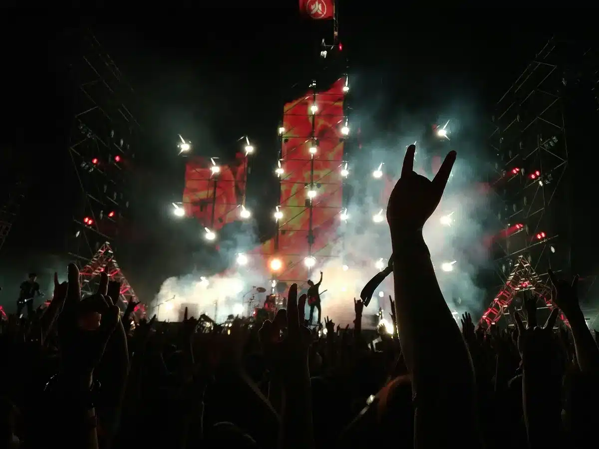 Stage view showing call-and-response interaction between singer and crowd