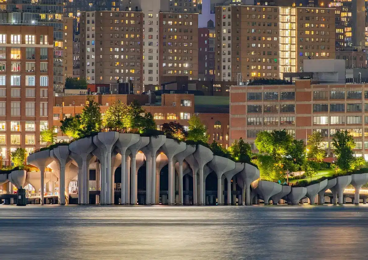 Brooklyn Navy Yard waterfront with industrial piers and Manhattan skyline