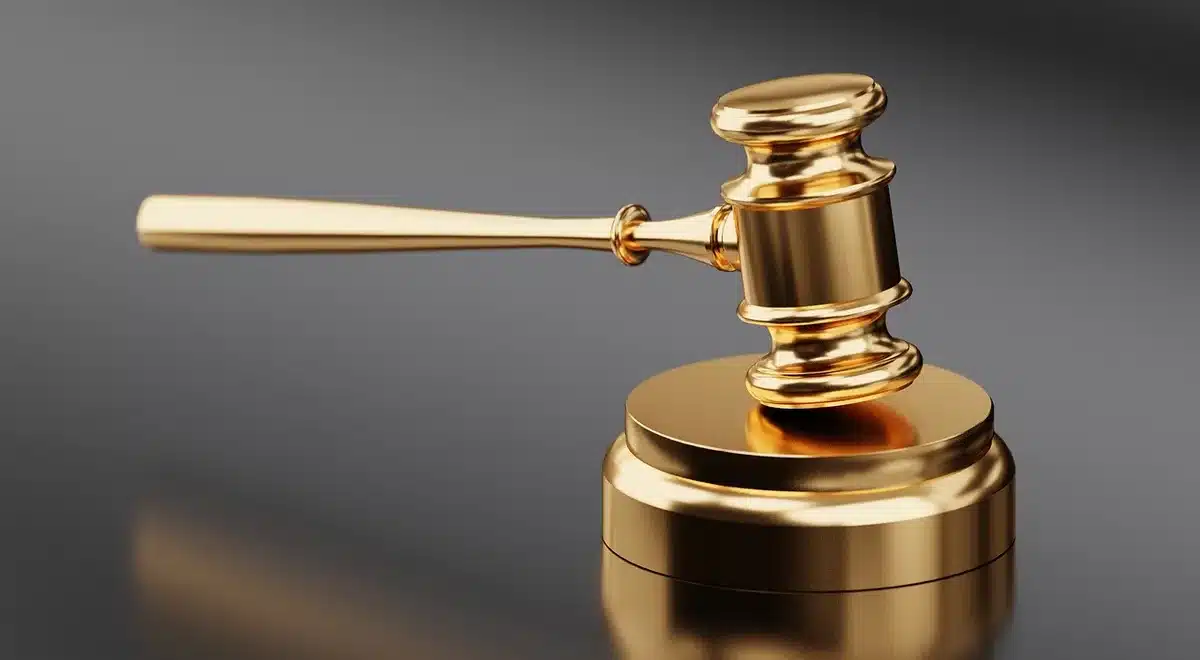 Federal courtroom with judge's bench and legal documents related to immigration hearing