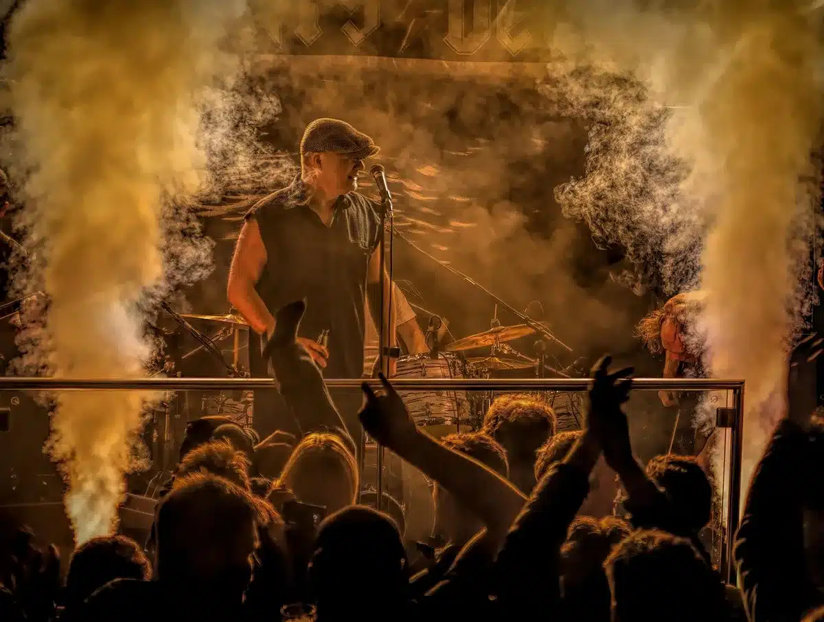 Crowd at a live rock concert with band on stage