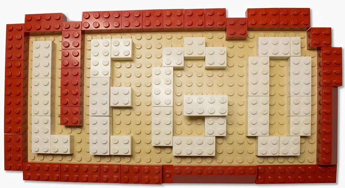 LEGO Eevee model assembled and posed on a shelf