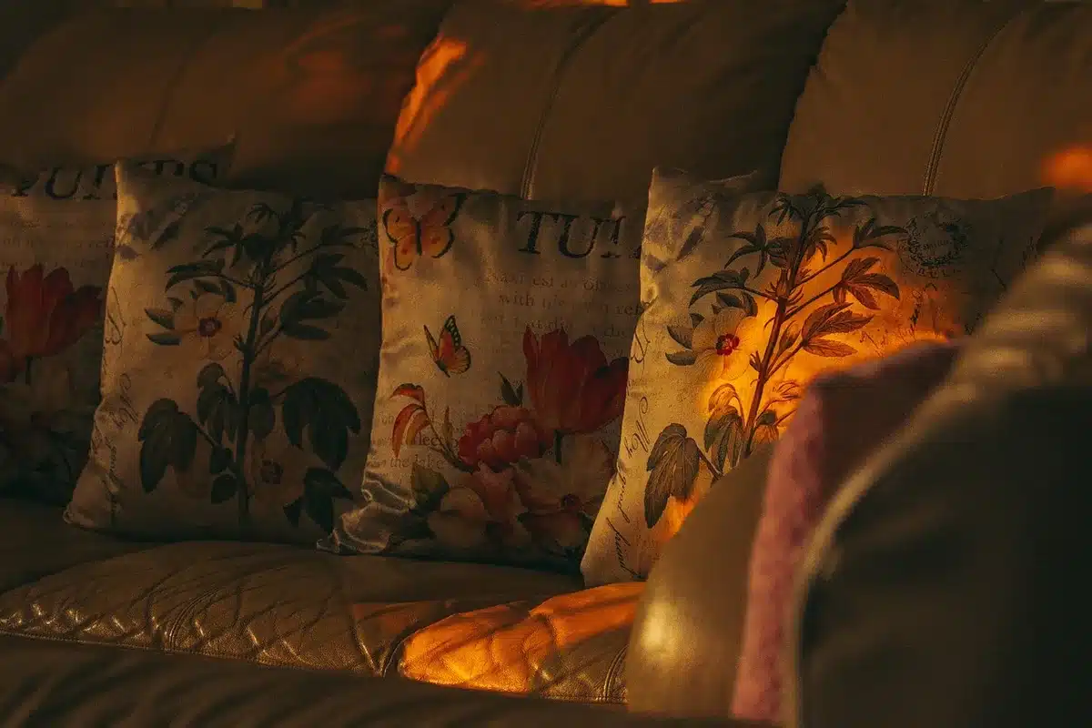 Silhouette on a couch watching a cartoon on TV with takeout on the table