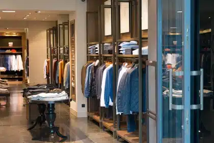 Inside a thrift shop: anonymous shoppers browse clothing racks in daylight