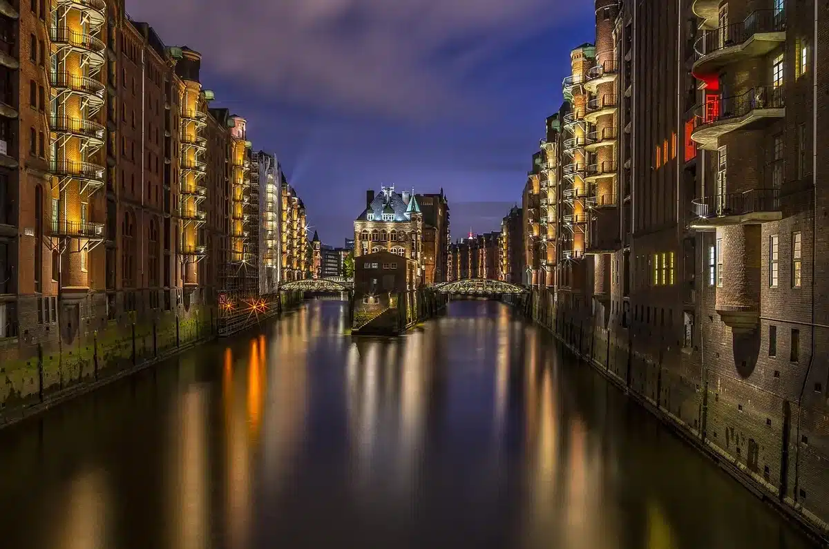 Canal Street at night with canal and lit buildings, Manchester atmosphere